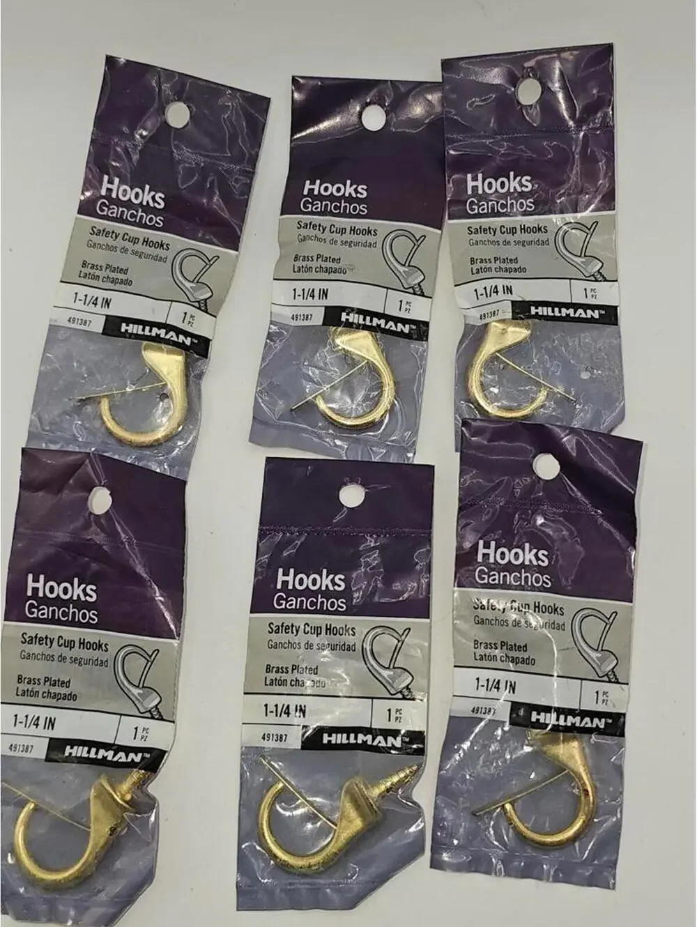 Hillman Brass Plated Safety Cup Hooks 1-1/4 Inch - 6 Pack